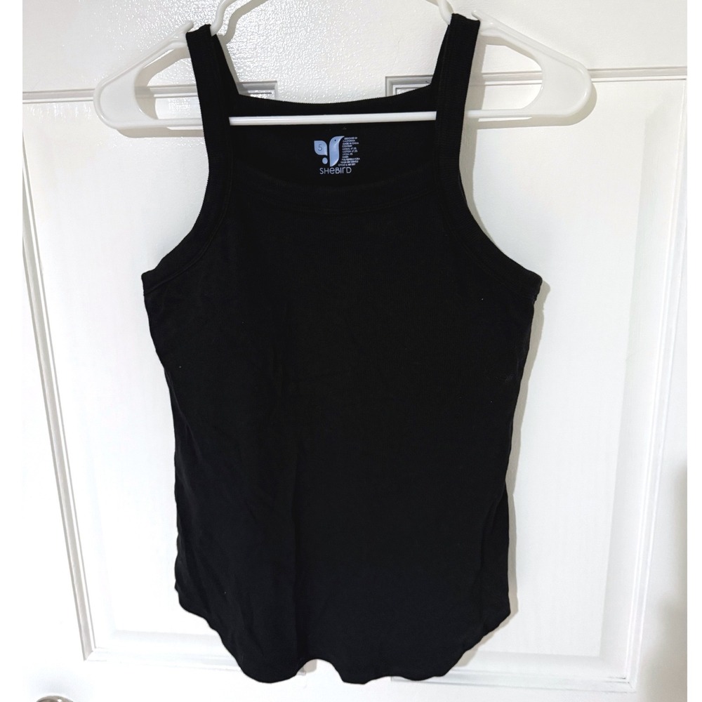 Shebird Black Ribbed Built-In Bra Tank Top Square Neck Modal Size 5 medium large